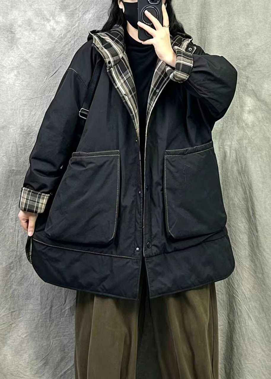 Elegant Black Hooded Wear On Both Sides Fine Cotton Filled Coats Winter