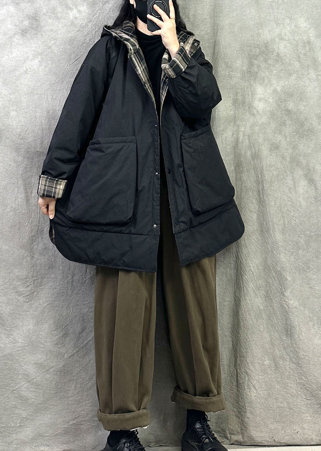 Elegant Black Hooded Wear On Both Sides Fine Cotton Filled Coats Winter