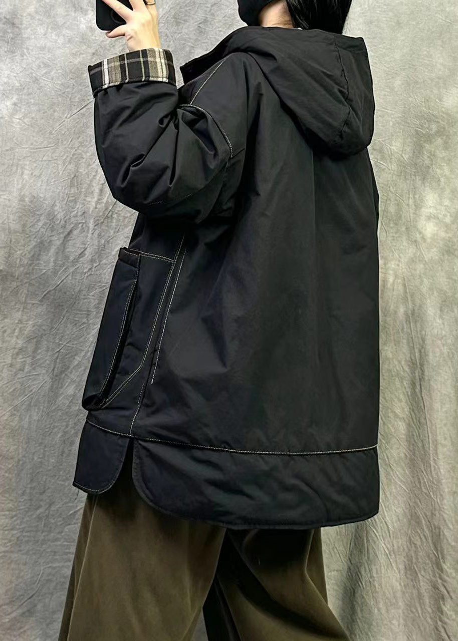 Elegant Black Hooded Wear On Both Sides Fine Cotton Filled Coats Winter