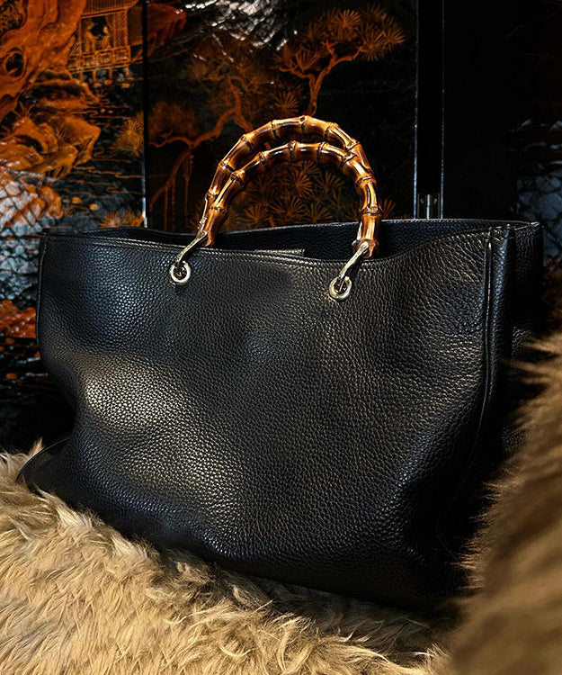 Elegant Black Large Capacity Solid Durable Leather Tote Handbag