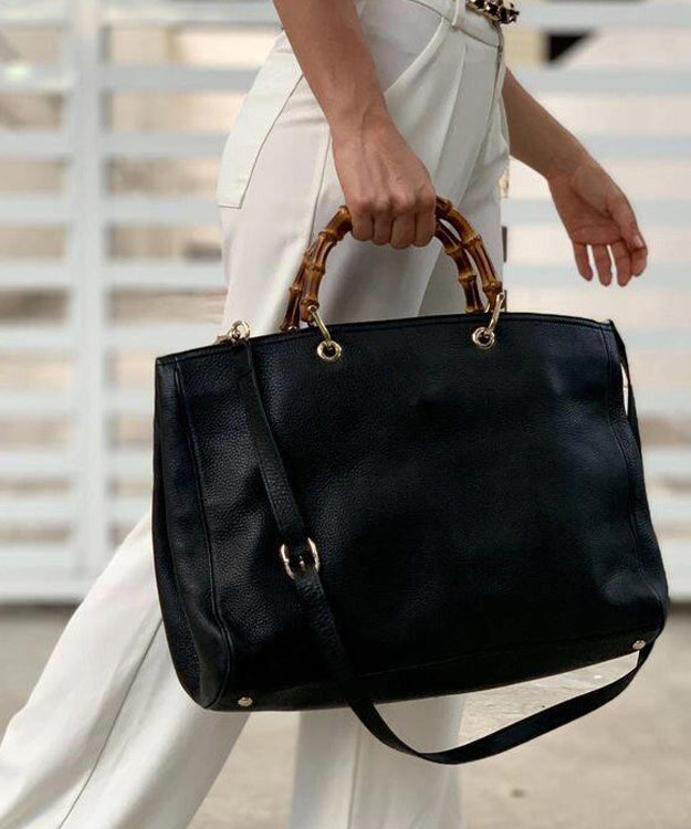 Elegant Black Large Capacity Solid Durable Leather Tote Handbag