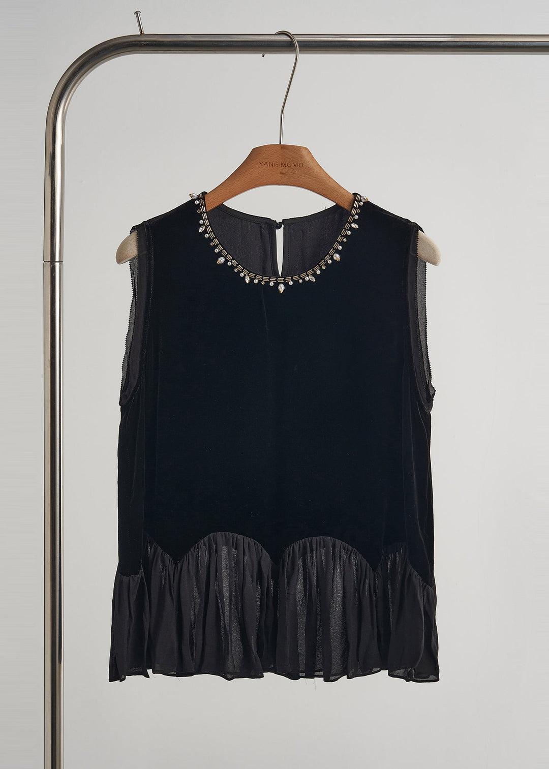 Elegant Black Nail Bead Patchwork Silk Velour Vests Fall