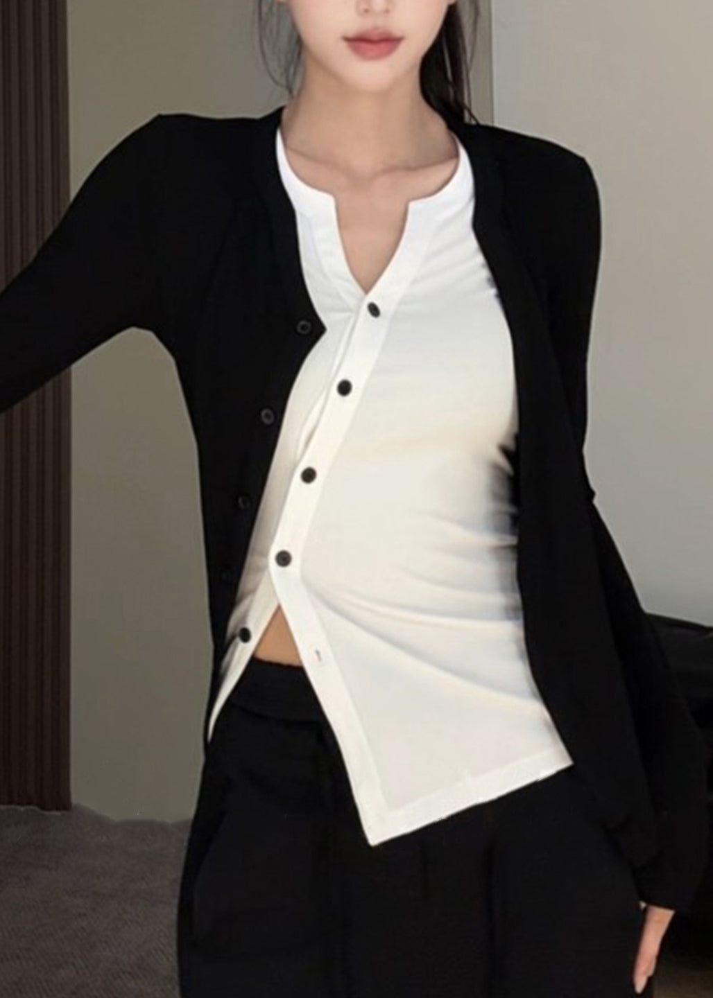 Elegant Black O-Neck Asymmetrical Top Fake Two Pieces Fall