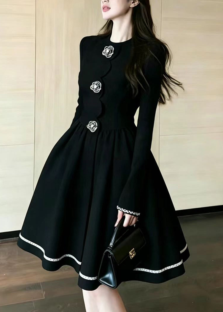 Elegant Black O-Neck Floral Button Vacation Dress Fall