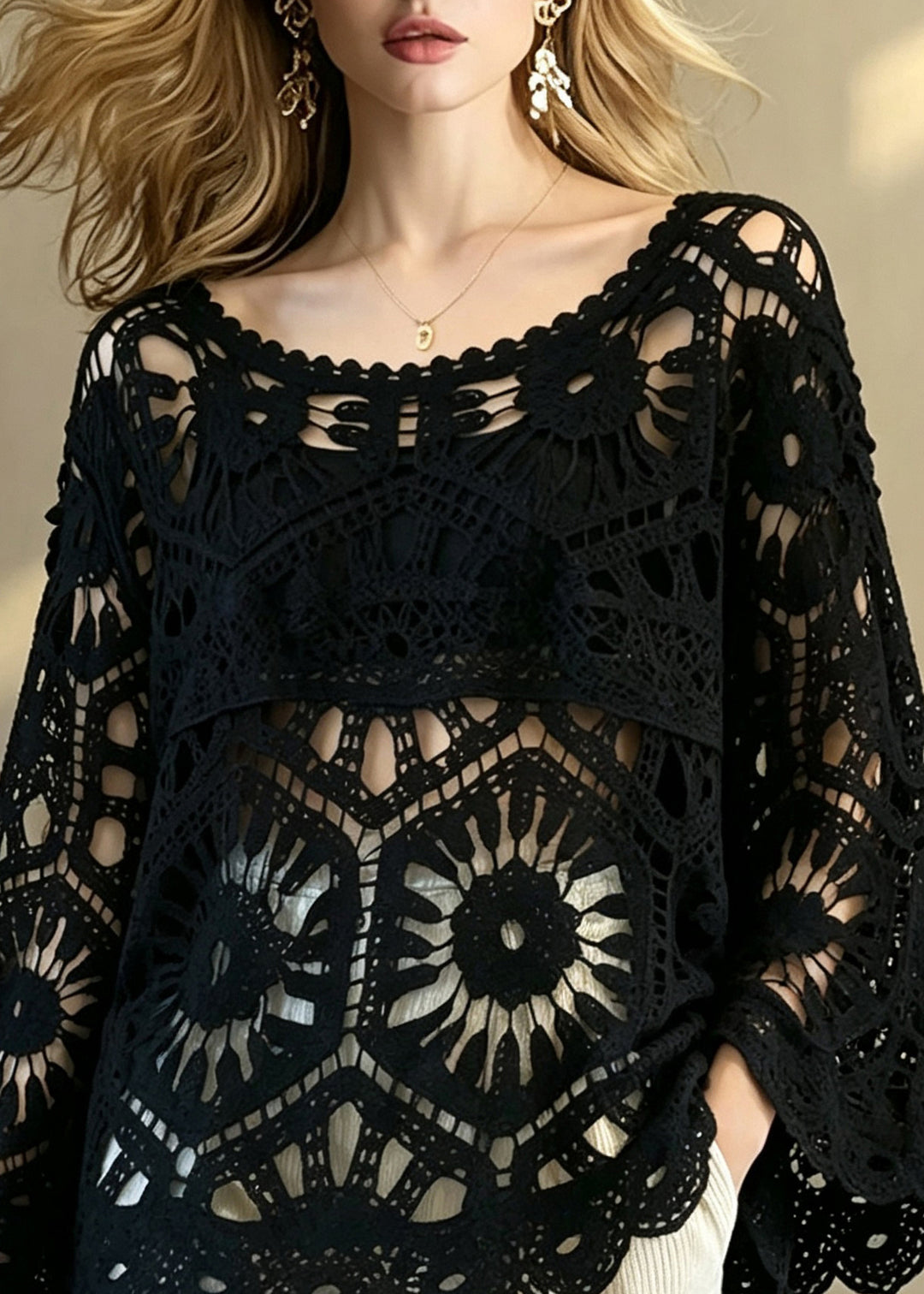 Elegant Black O-Neck Hollow Out Crochet Top Flare Sleeve