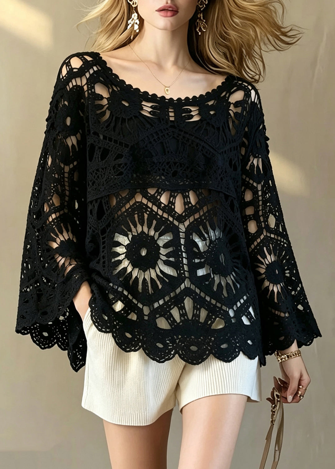 Elegant Black O-Neck Hollow Out Crochet Top Flare Sleeve