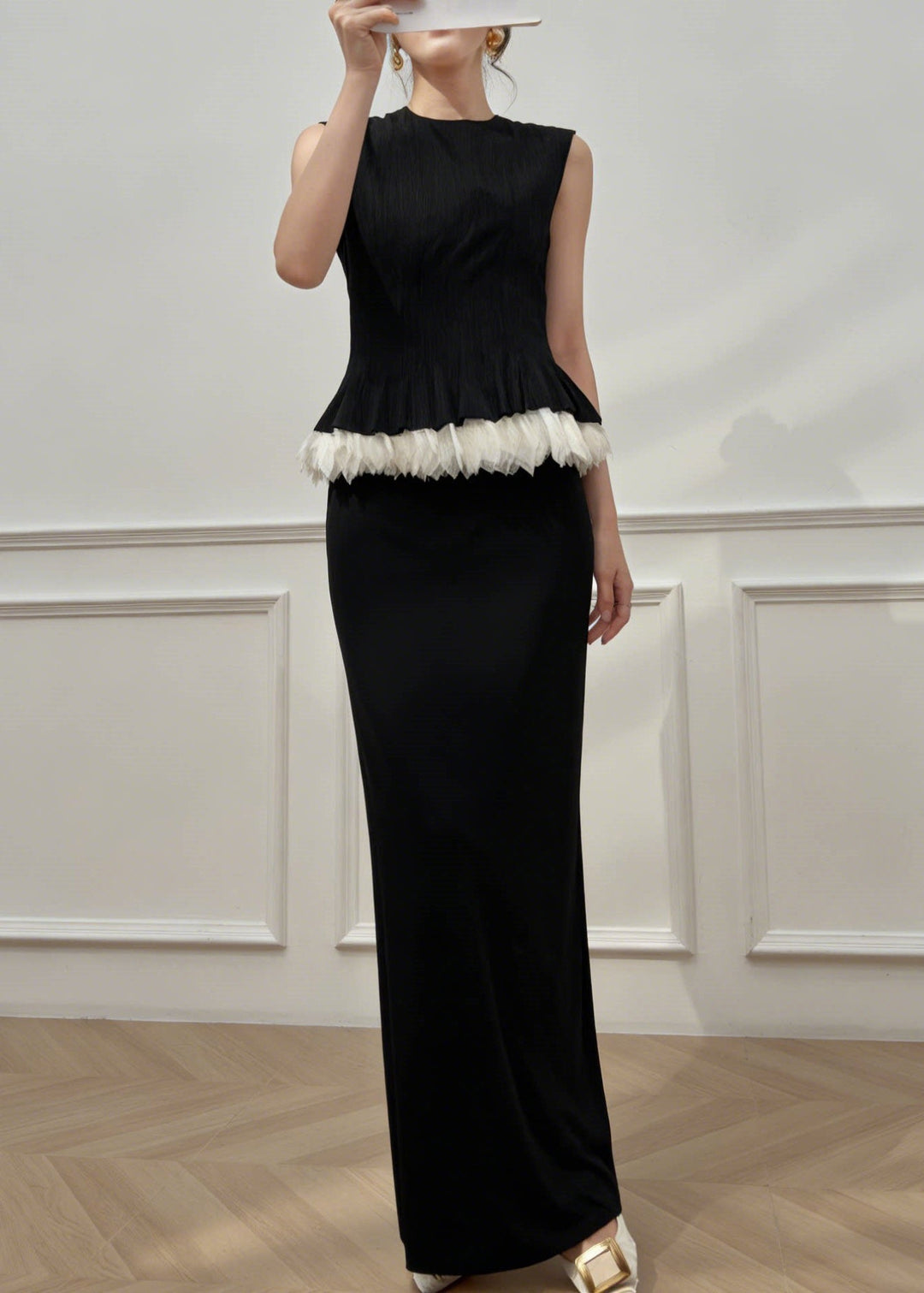 Elegant Black O-Neck Patchwork Top And Maxi Skirts Two Pieces Set Summer