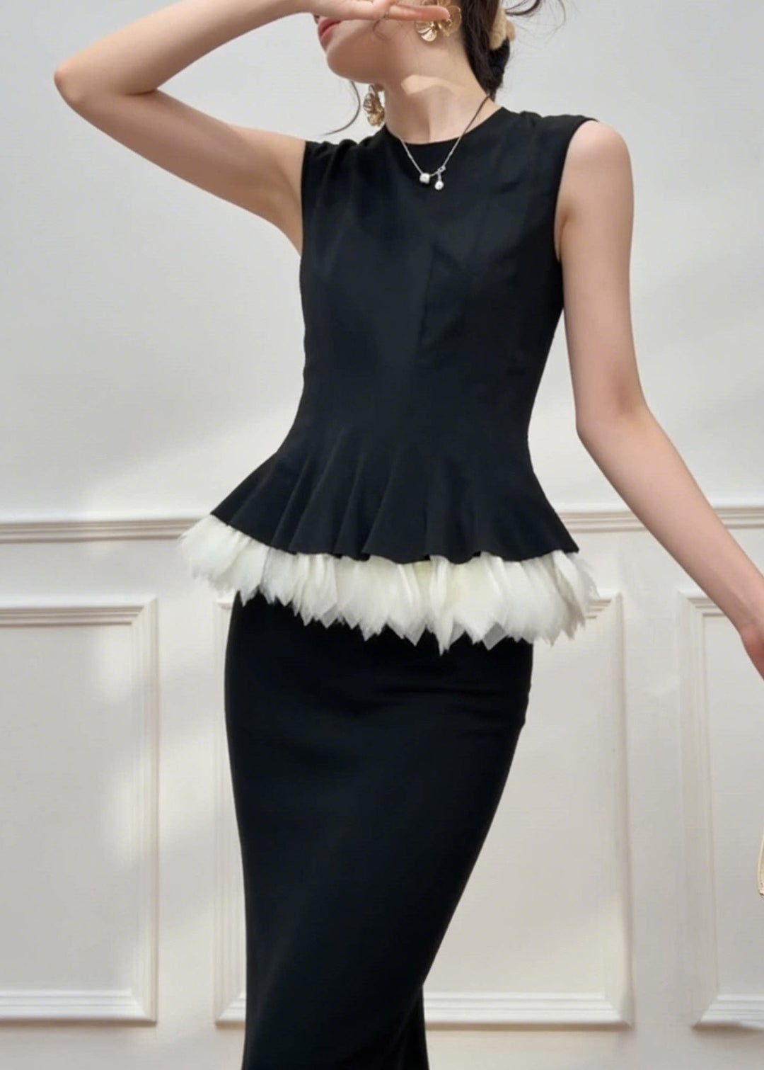 Elegant Black O-Neck Patchwork Top And Maxi Skirts Two Pieces Set Summer