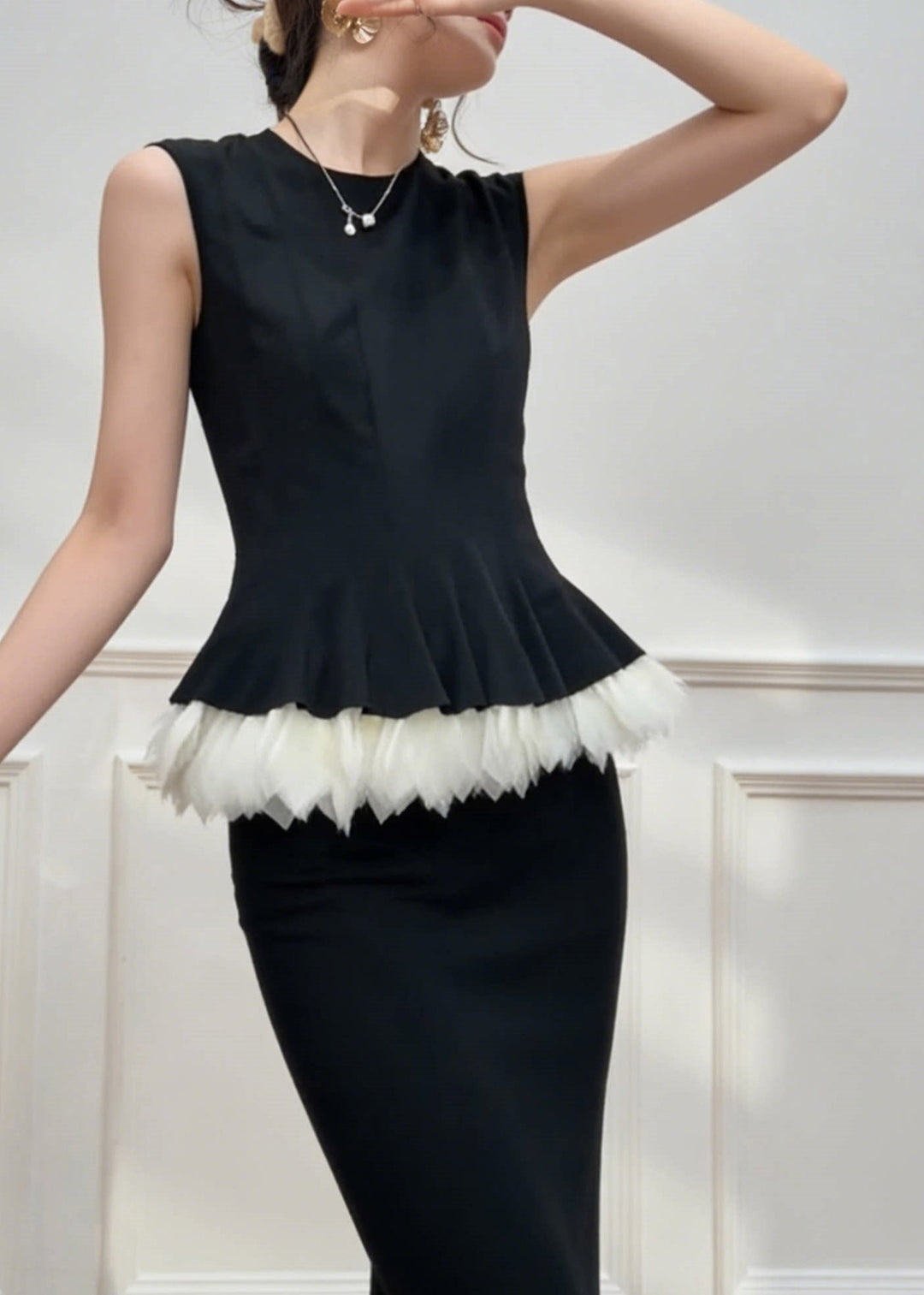 Elegant Black O-Neck Patchwork Top And Maxi Skirts Two Pieces Set Summer