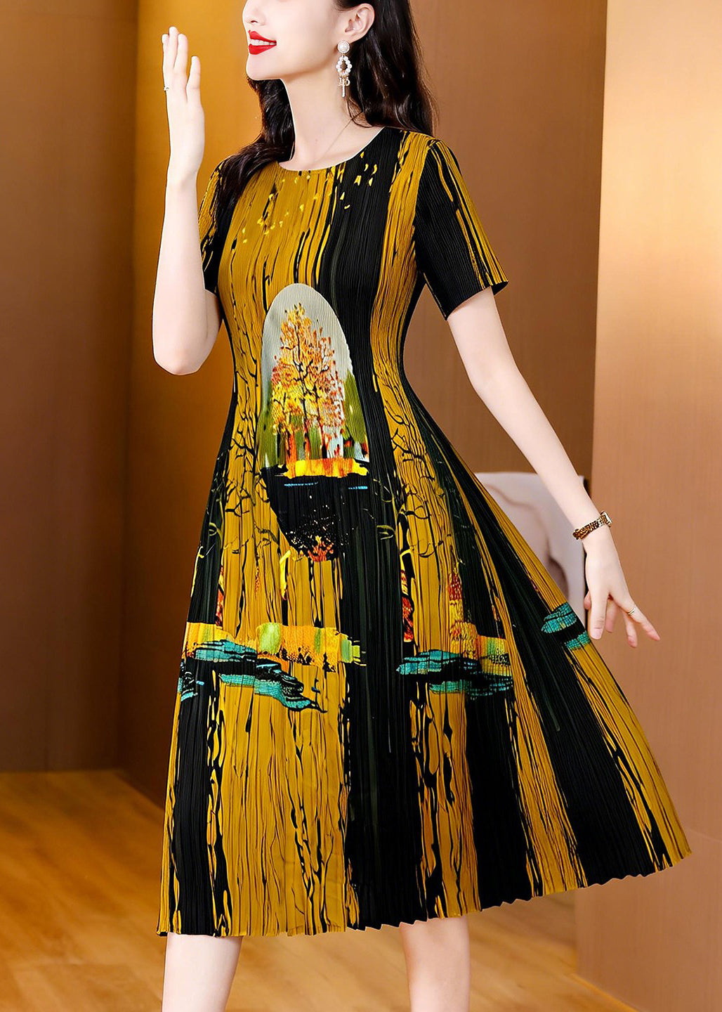 Elegant Black O Neck Print Wrinkled Dress Summer