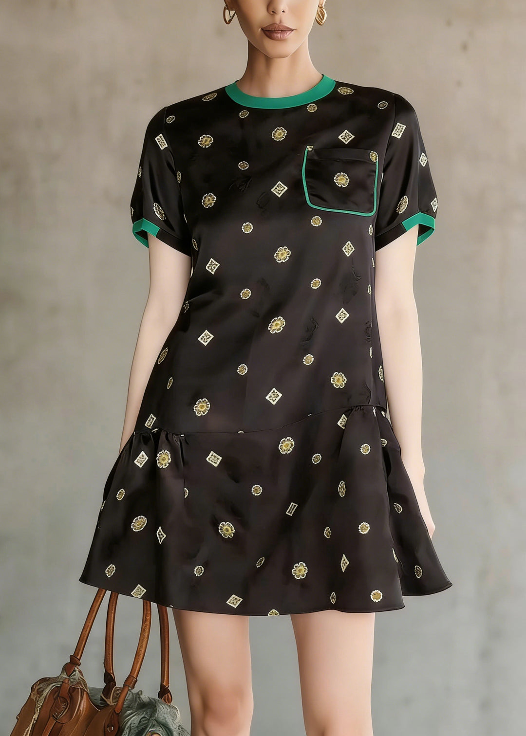 Elegant Black O Neck Print Wrinkled Silk Mid Dress Summer