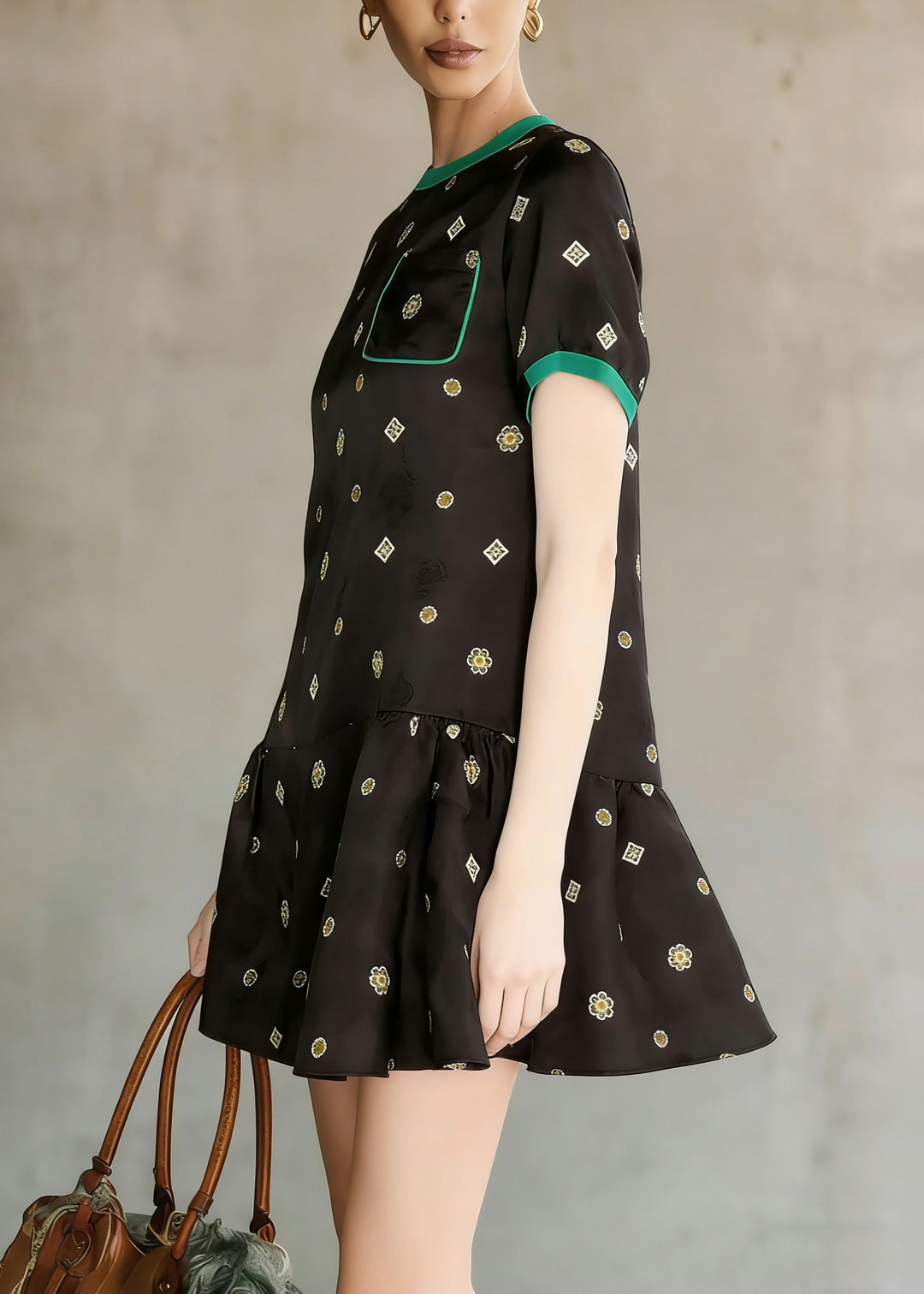 Elegant Black O Neck Print Wrinkled Silk Mid Dress Summer