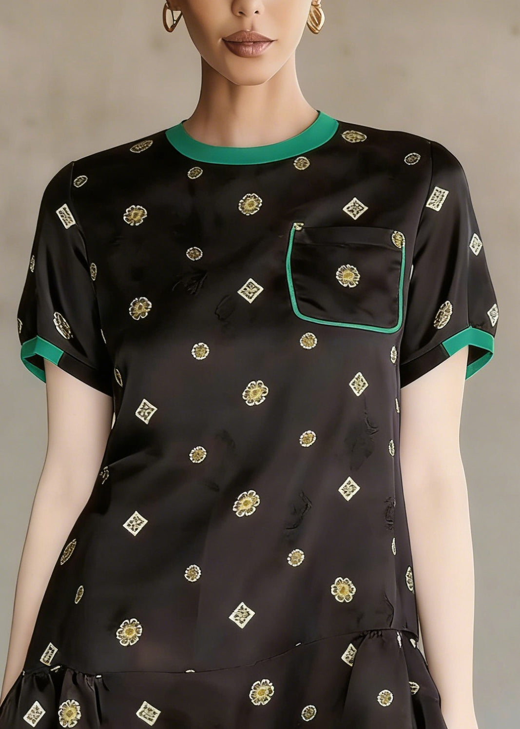 Elegant Black O Neck Print Wrinkled Silk Mid Dress Summer