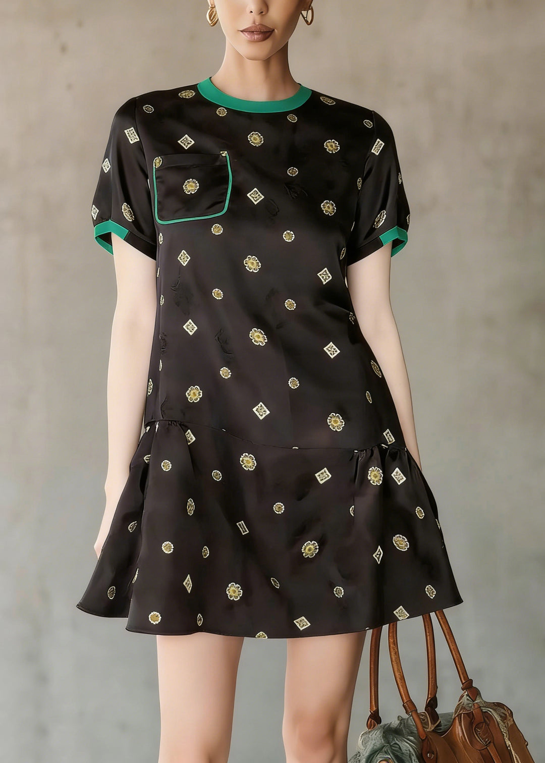 Elegant Black O Neck Print Wrinkled Silk Mid Dress Summer