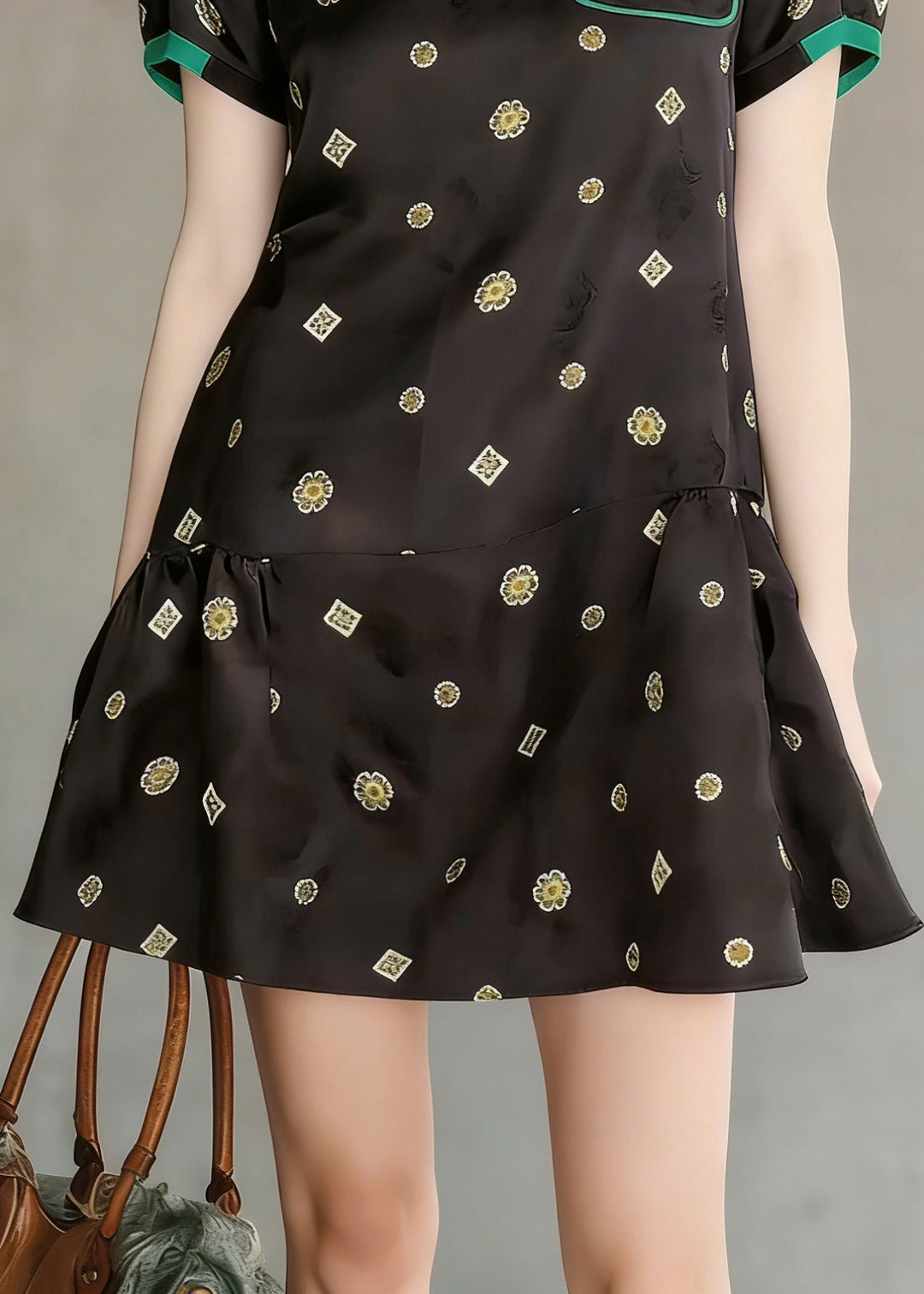 Elegant Black O Neck Print Wrinkled Silk Mid Dress Summer