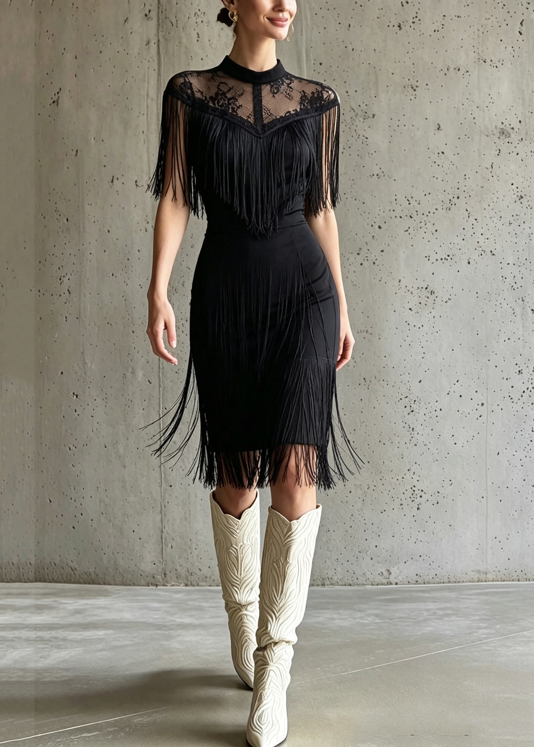 Elegant Black O-Neck Tulle Long Dress Tassel Patchwork Short Sleeve