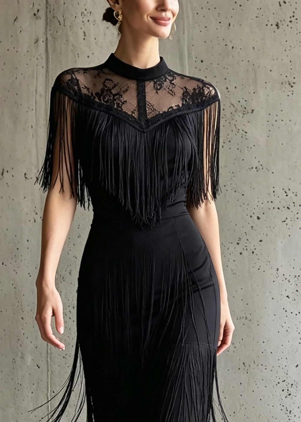 Elegant Black O-Neck Tulle Long Dress Tassel Patchwork Short Sleeve