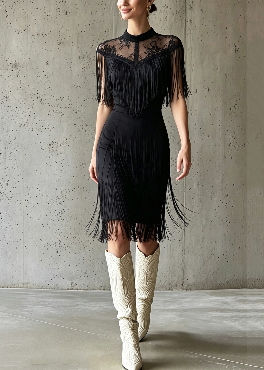 Elegant Black O-Neck Tulle Long Dress Tassel Patchwork Short Sleeve