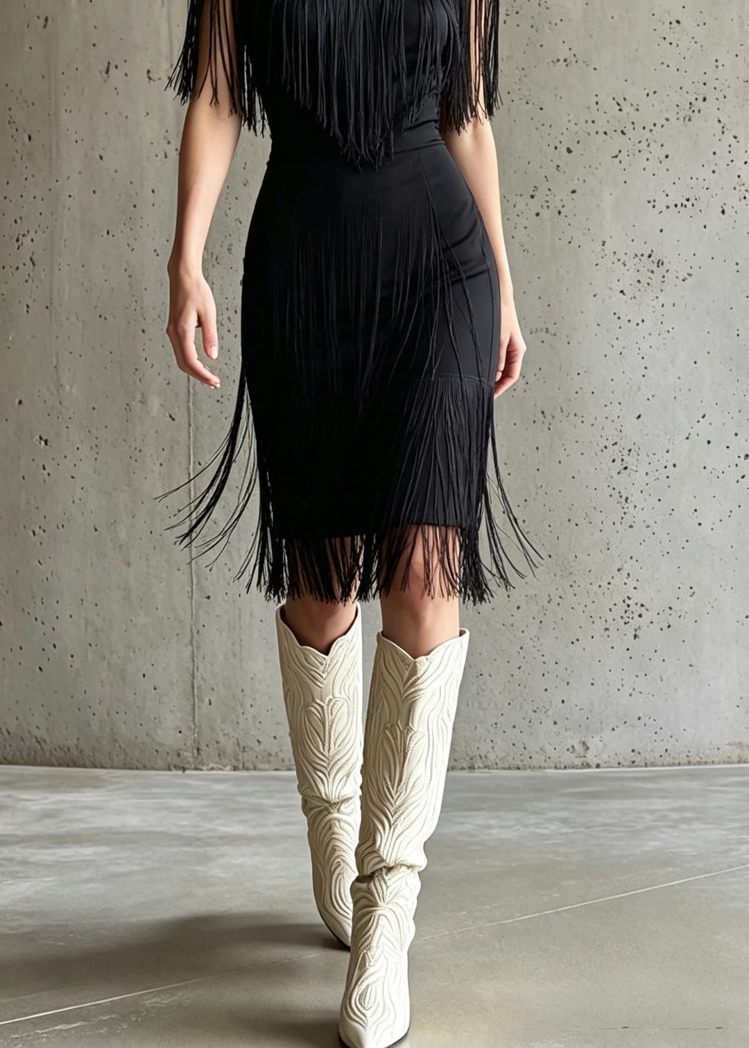 Elegant Black O-Neck Tulle Long Dress Tassel Patchwork Short Sleeve