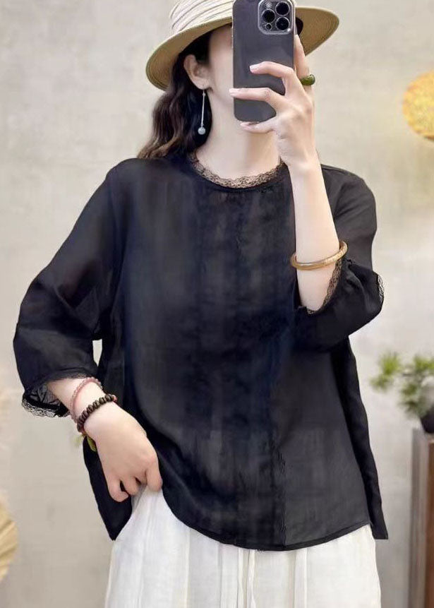 Elegant Black Oversized Patchwork Eyelash Linen Shirt Tops Bracelet Sleeve