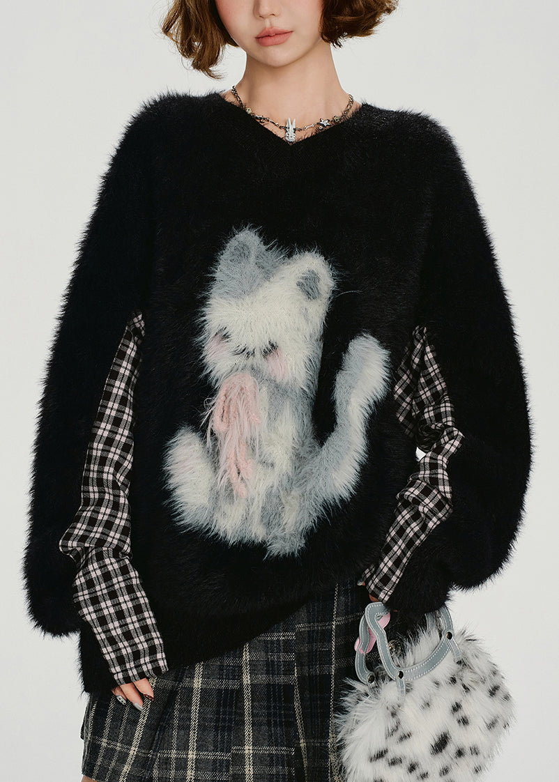 Elegant Black Oversized Patchwork Fuzzy Fur Fluffy Knit Sweater Winter