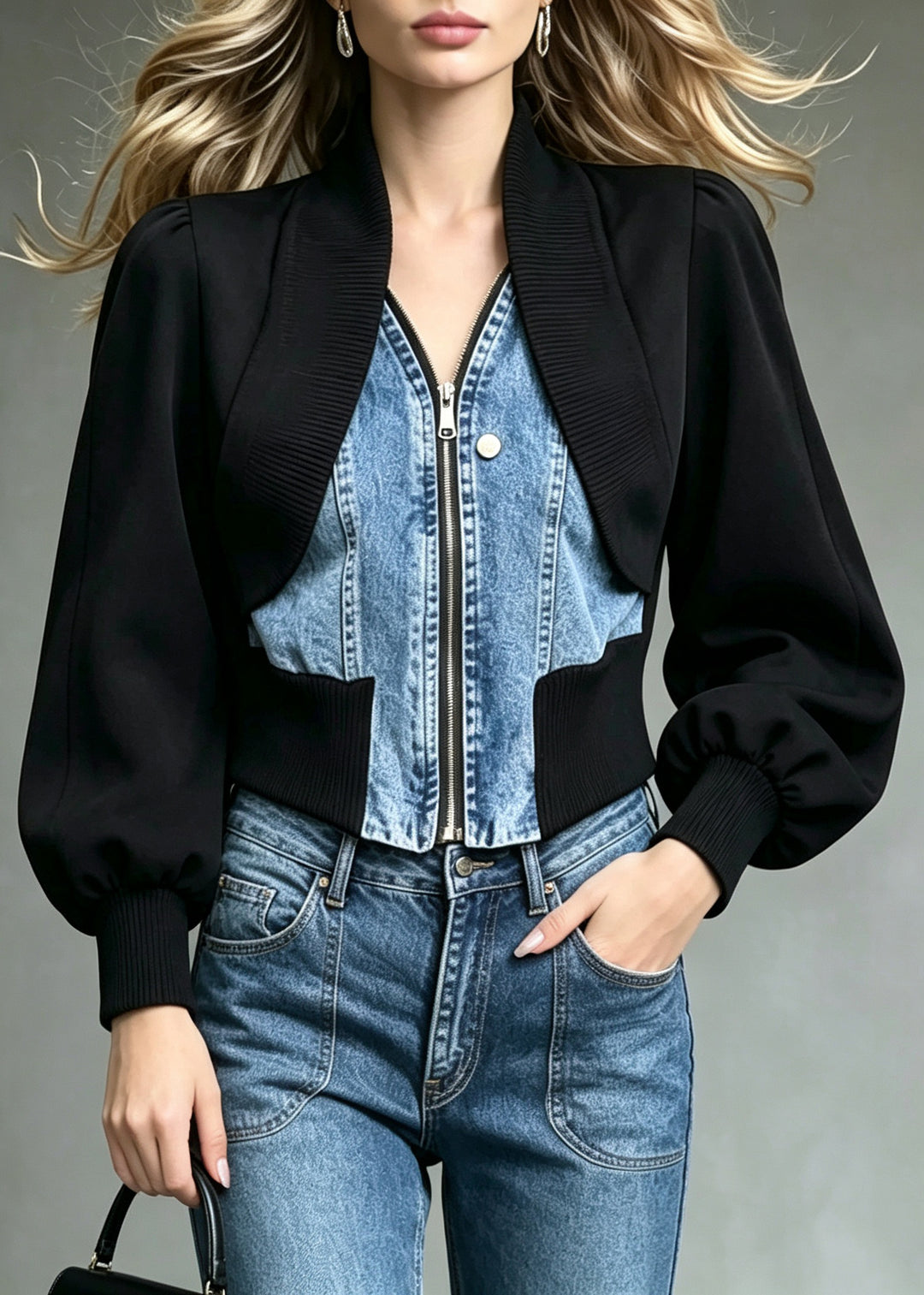 Elegant Black Patchwork Denim Fake Two-Piece Jacket Fall
