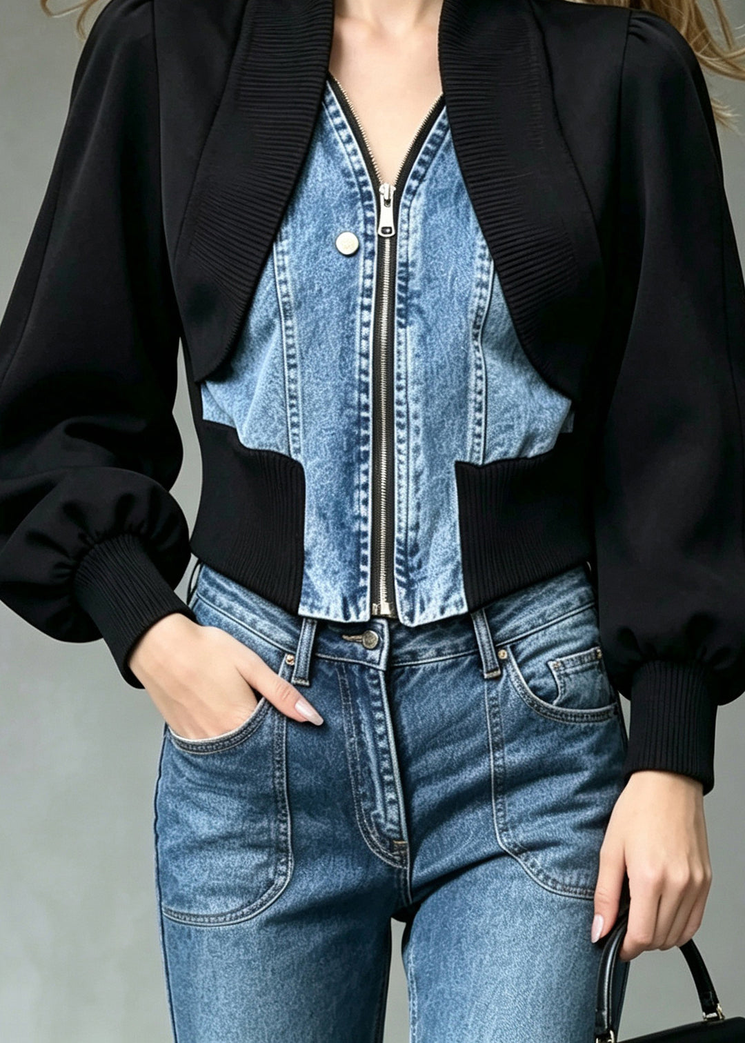 Elegant Black Patchwork Denim Fake Two-Piece Jacket Fall