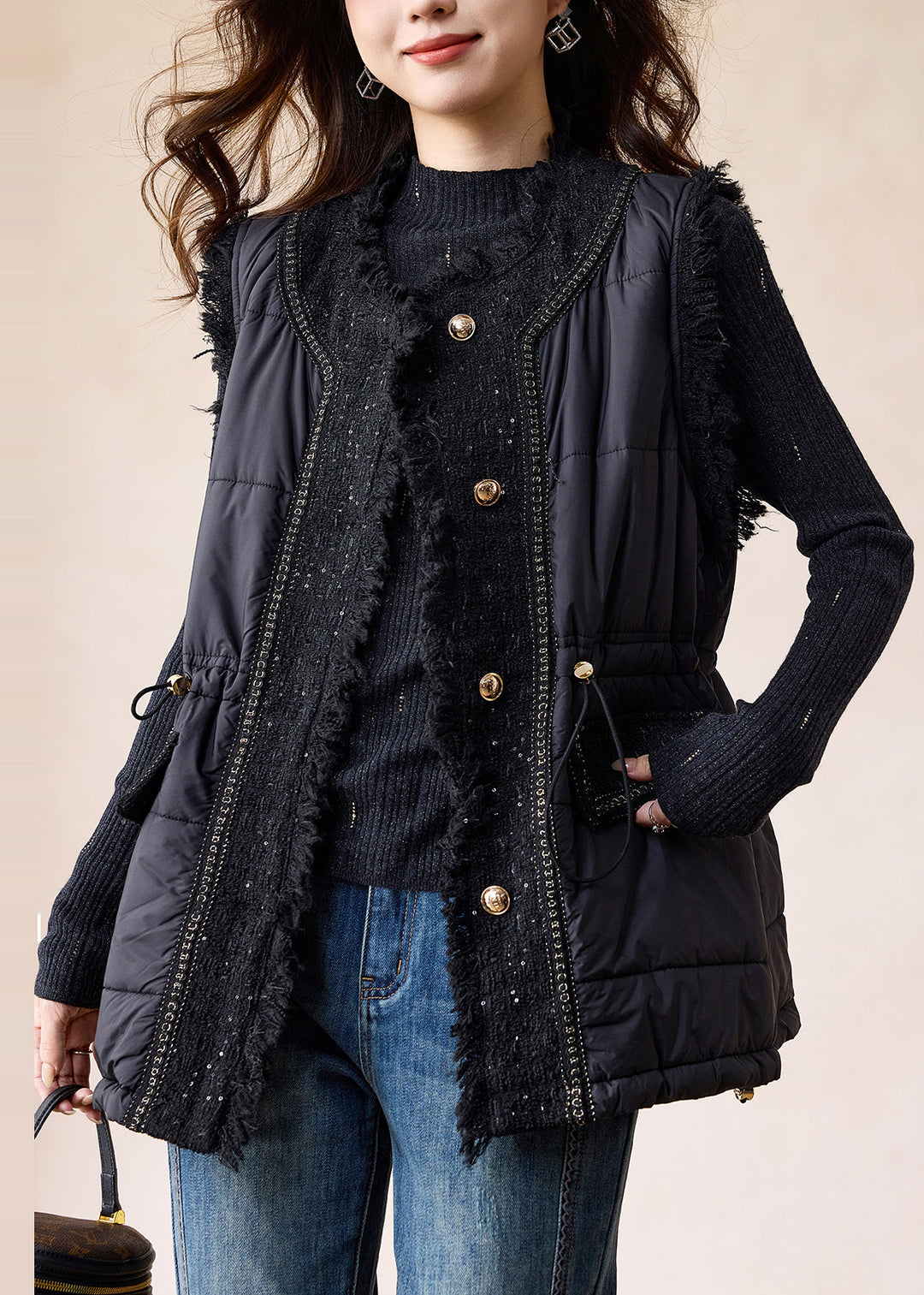 Elegant Black Patchwork Fine Cotton Filled Vests Winter