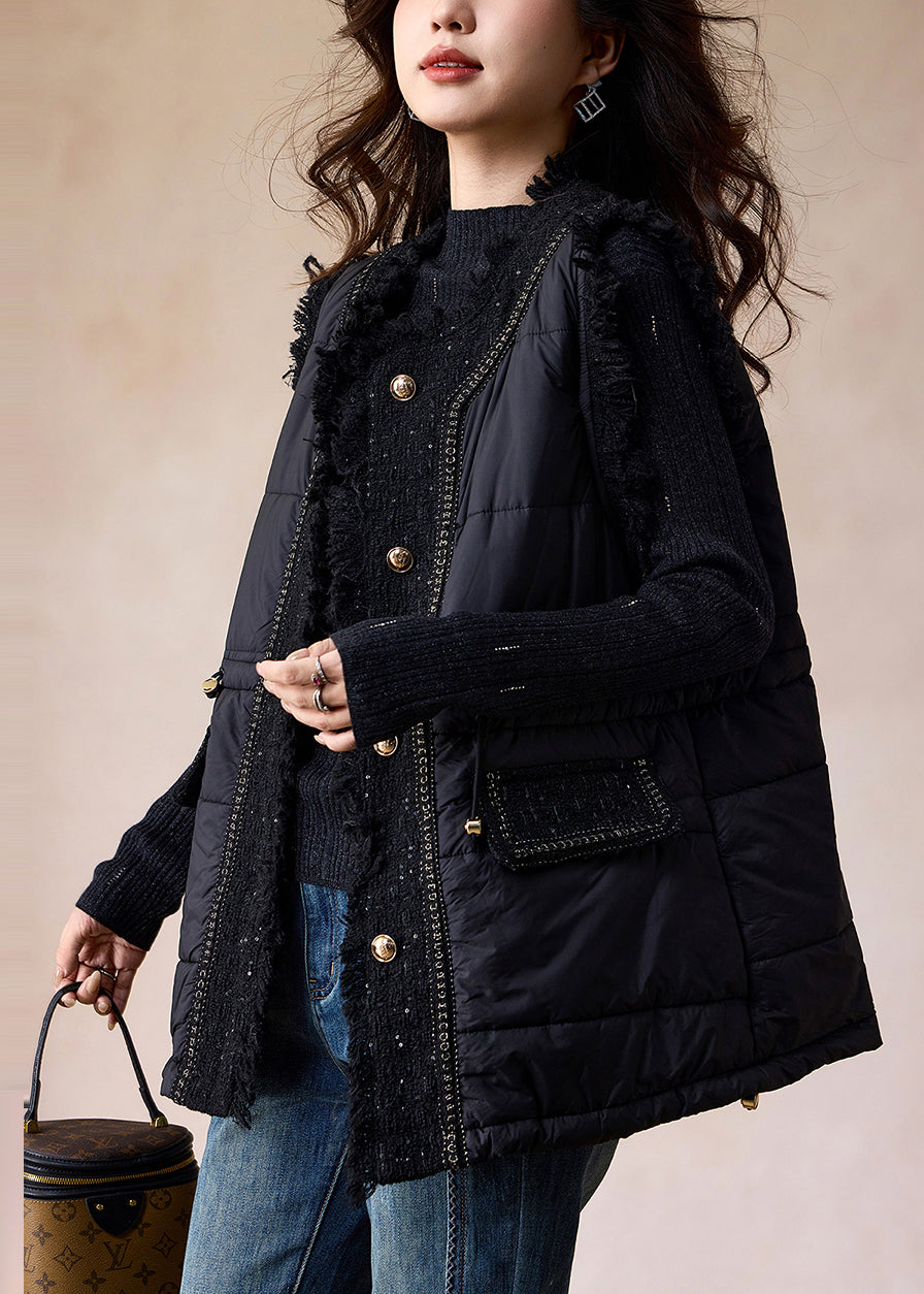 Elegant Black Patchwork Fine Cotton Filled Vests Winter