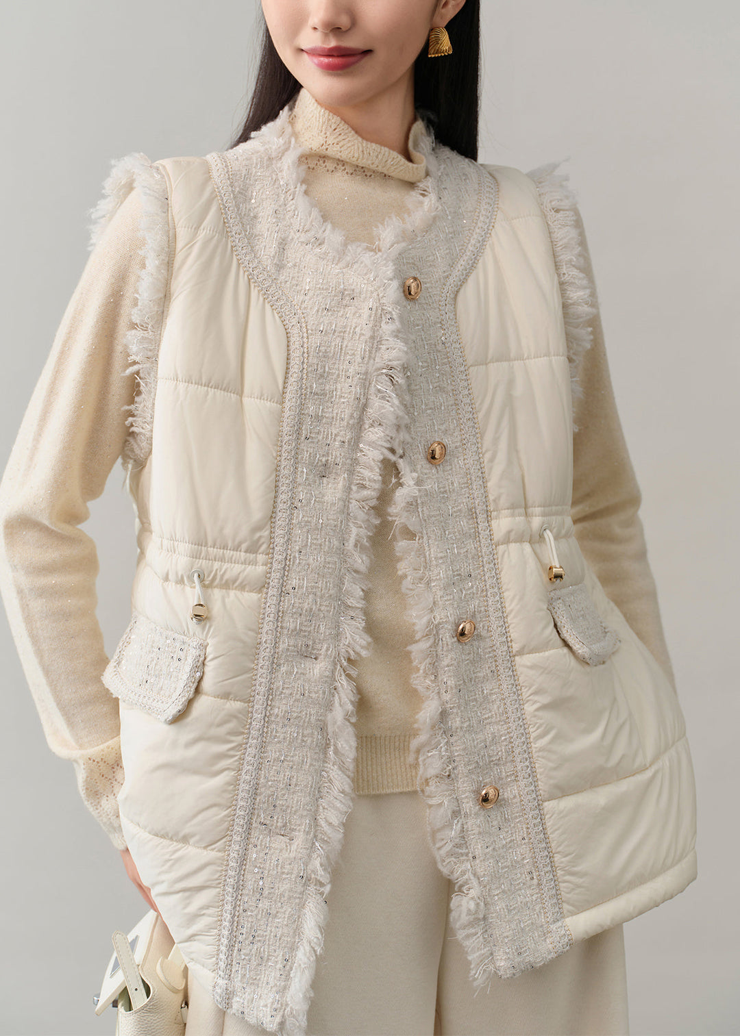 Elegant Black Patchwork Fine Cotton Filled Vests Winter