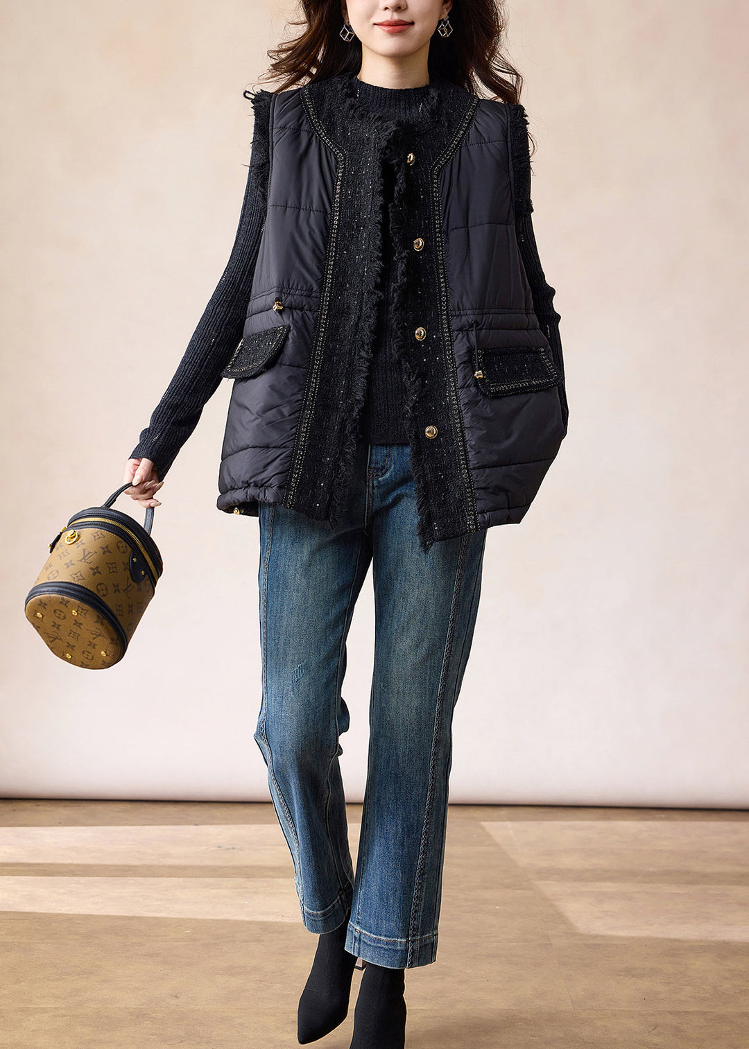 Elegant Black Patchwork Fine Cotton Filled Vests Winter