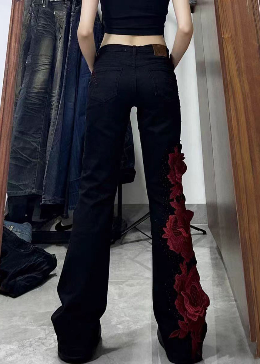 Elegant Black Patchwork Rose Decorated Denim Flared Trousers Spring