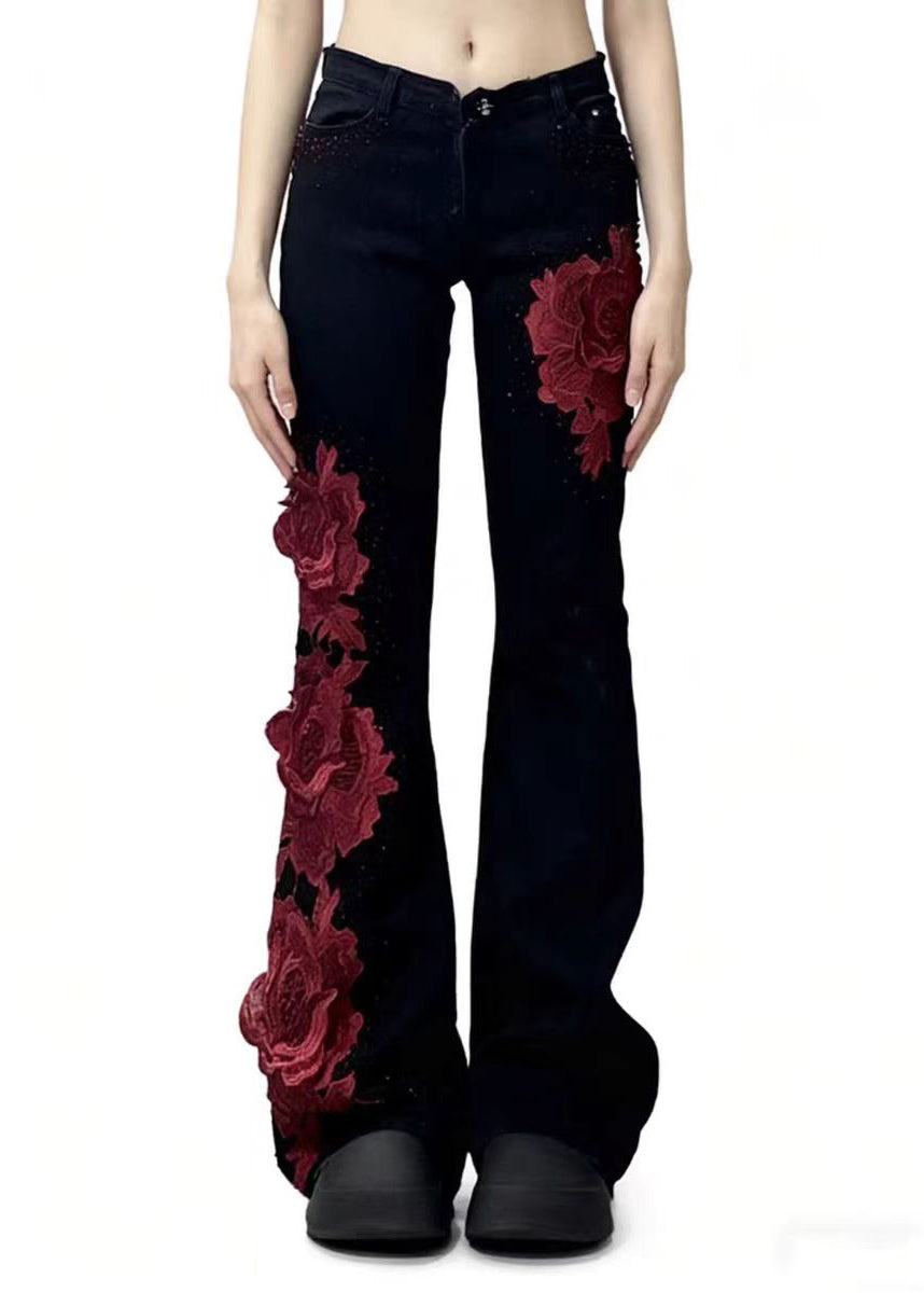 Elegant Black Patchwork Rose Decorated Denim Flared Trousers Spring