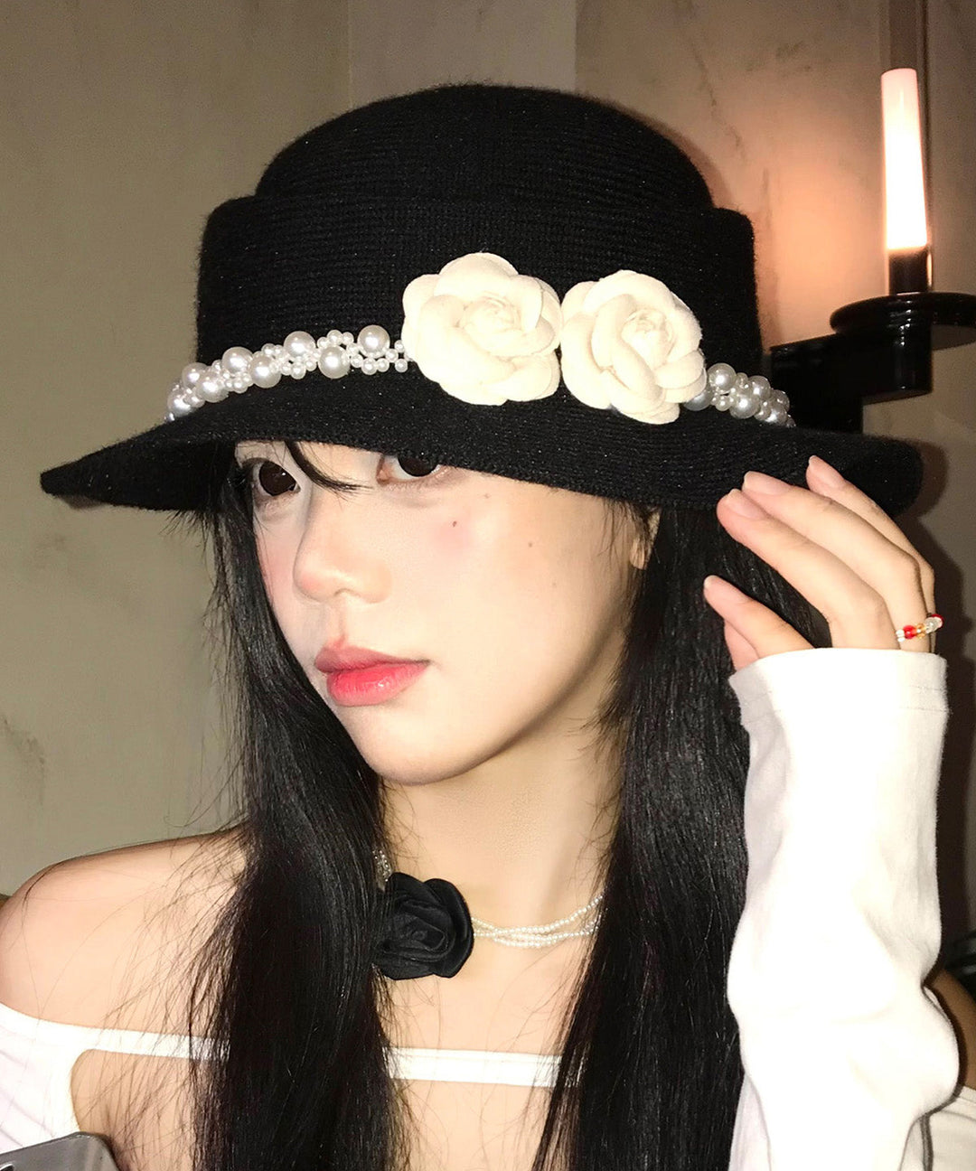 Elegant Black Pearl Floral Knit Cloche Hat