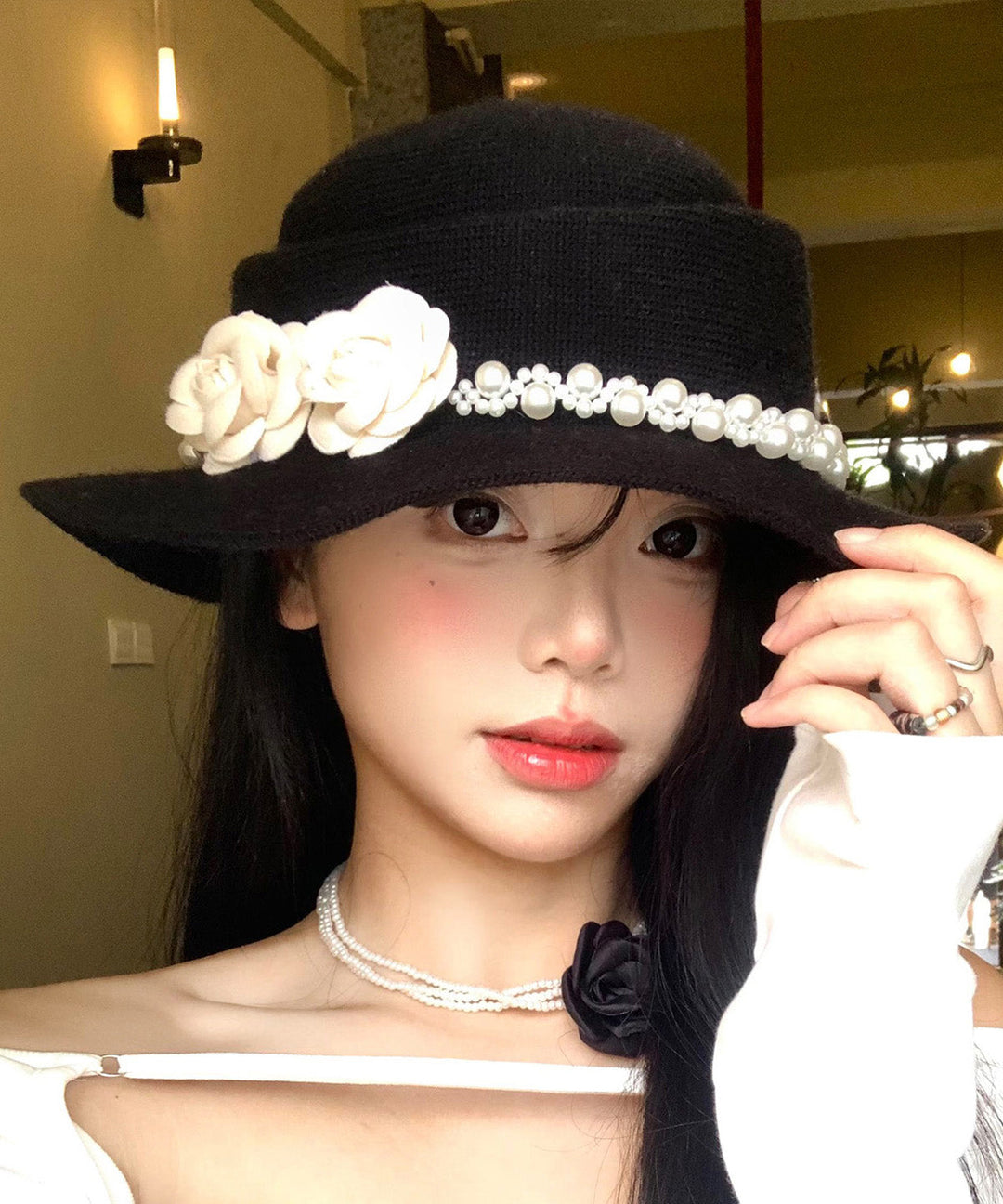 Elegant Black Pearl Floral Knit Cloche Hat