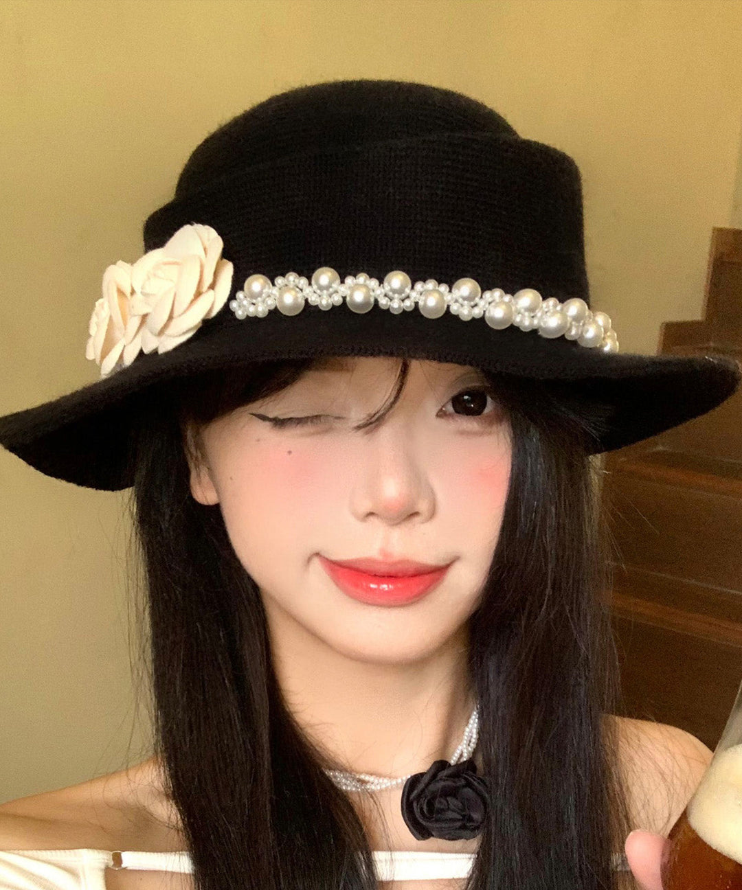 Elegant Black Pearl Floral Knit Cloche Hat