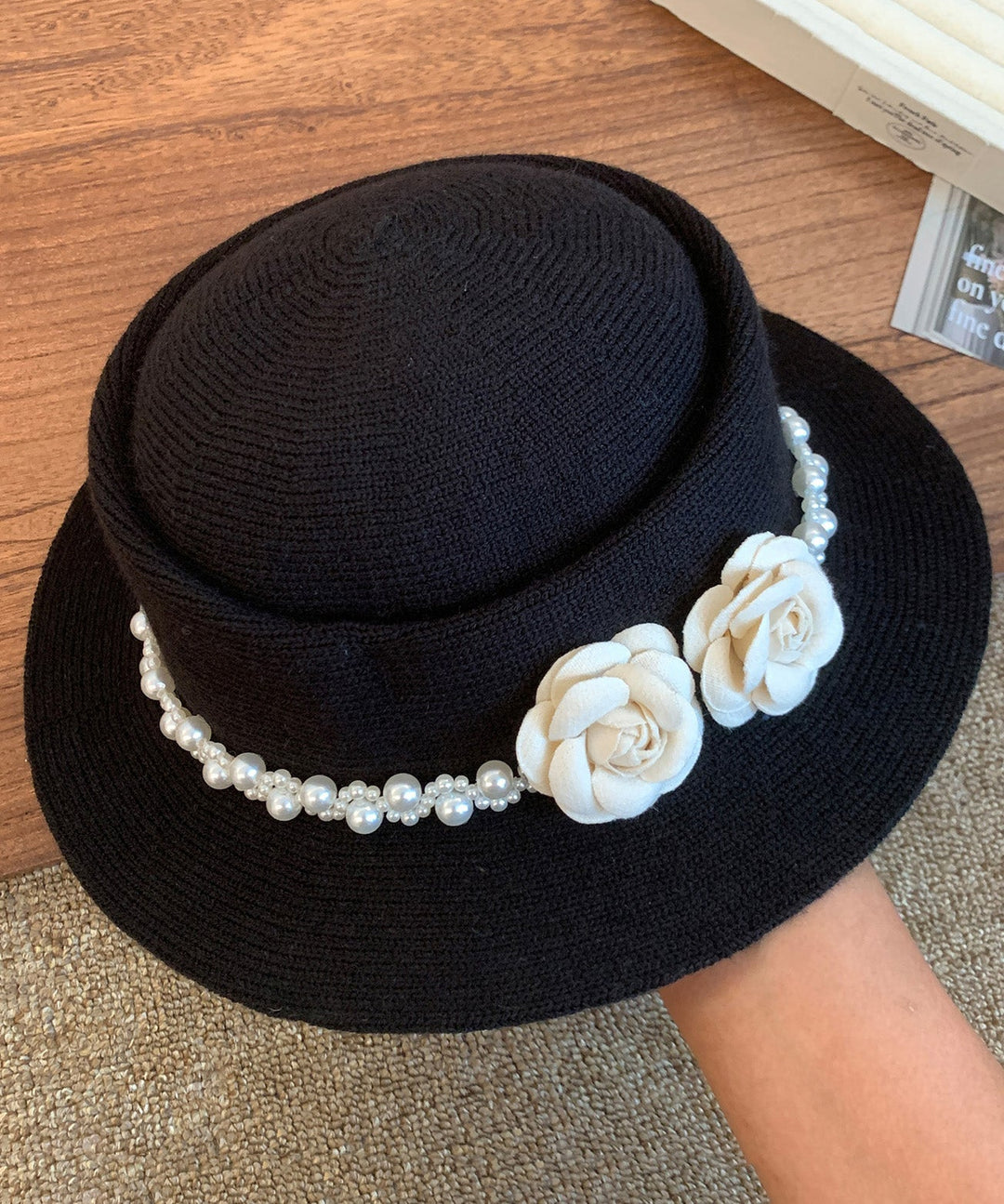 Elegant Black Pearl Floral Knit Cloche Hat