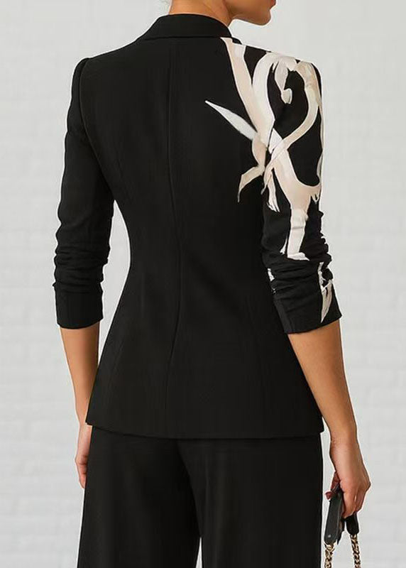 Elegant Black Peter Pan Collar Print Cotton Suit Coat Fall
