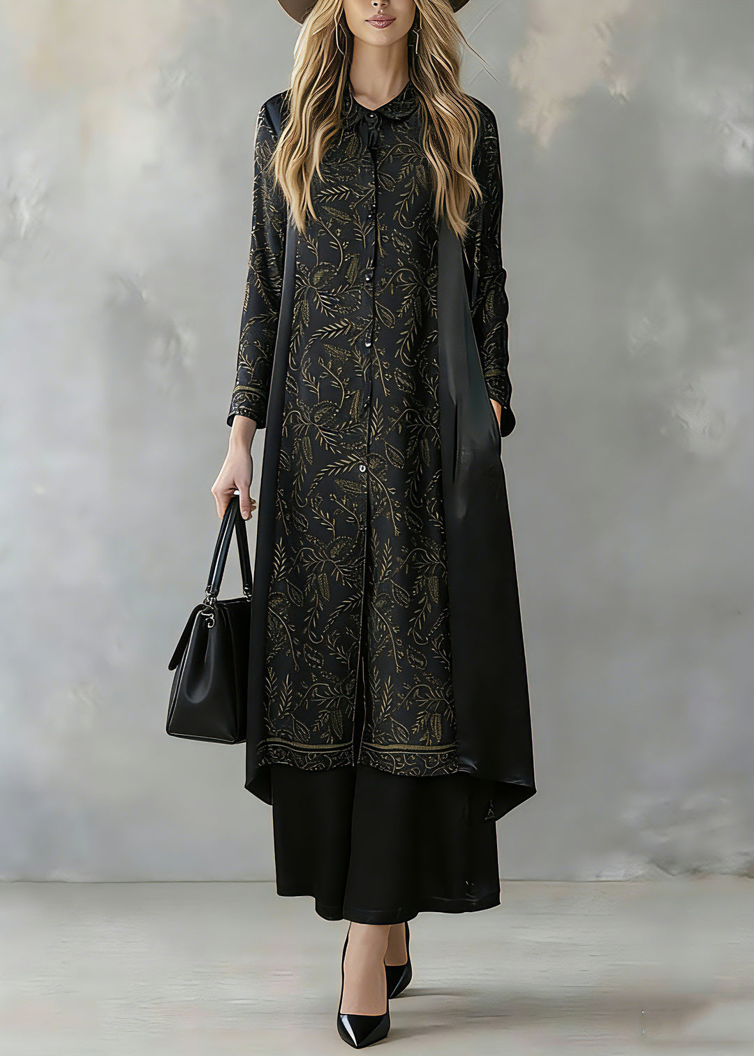 Elegant Black Print Button Silk Long Shirts And Wide Leg Pants Two Piece Set Long Sleeve