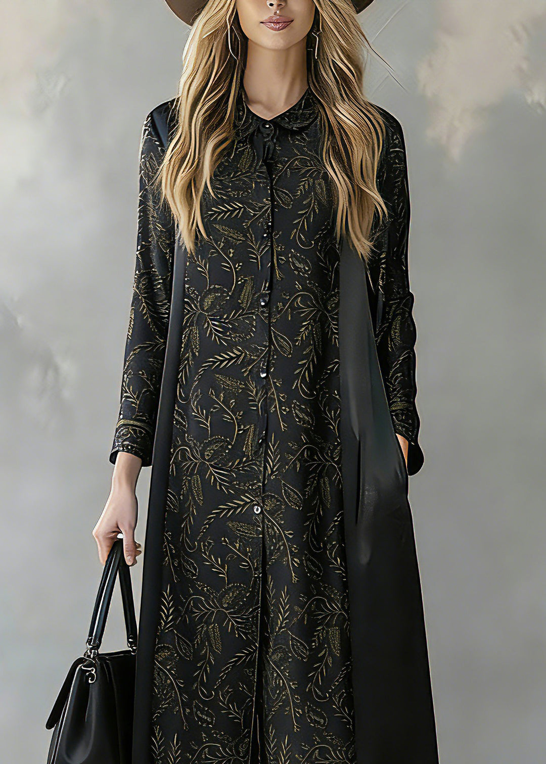Elegant Black Print Button Silk Long Shirts And Wide Leg Pants Two Piece Set Long Sleeve