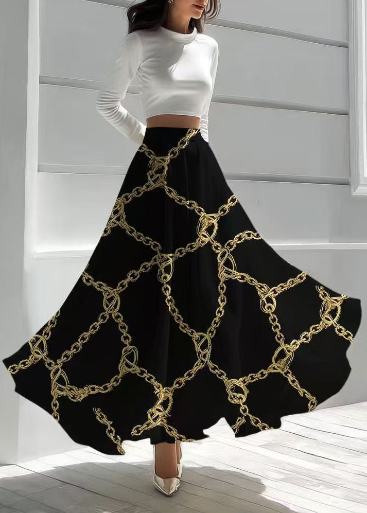 Elegant Black Print Exra Large Hem Chiffon Skirt Summer