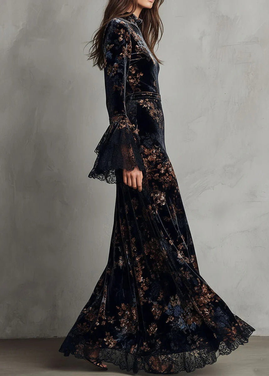 Elegant Black Print Lace Patchwork Velvet Maxi Dresses Fall