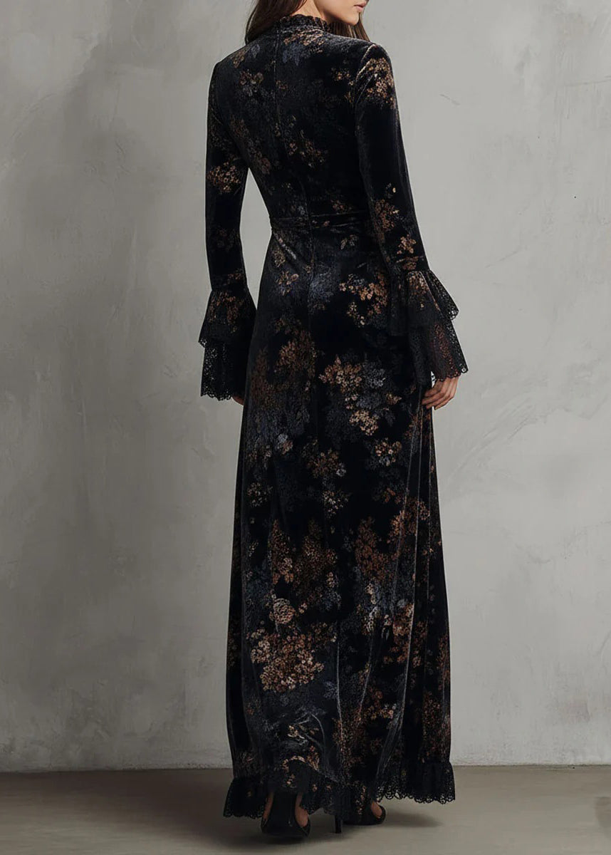 Elegant Black Print Lace Patchwork Velvet Maxi Dresses Fall