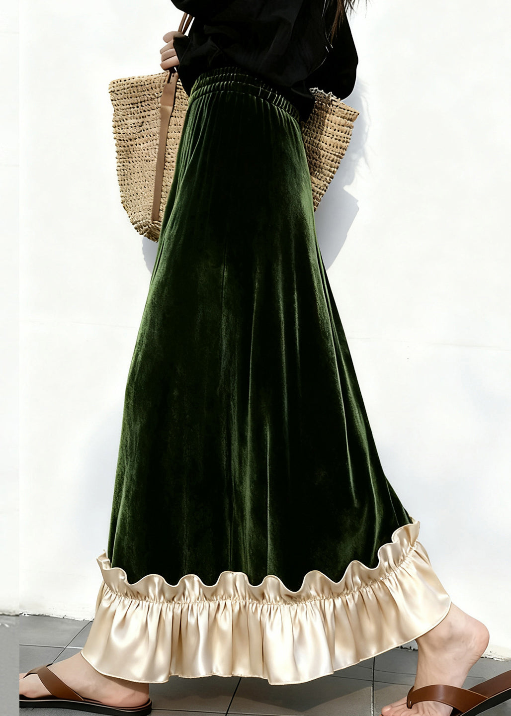 Elegant Black Ruffled Elastic Waist Patchwork Velour Skirt Winter