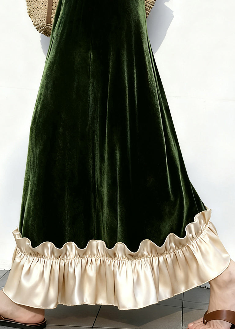 Elegant Black Ruffled Elastic Waist Patchwork Velour Skirt Winter