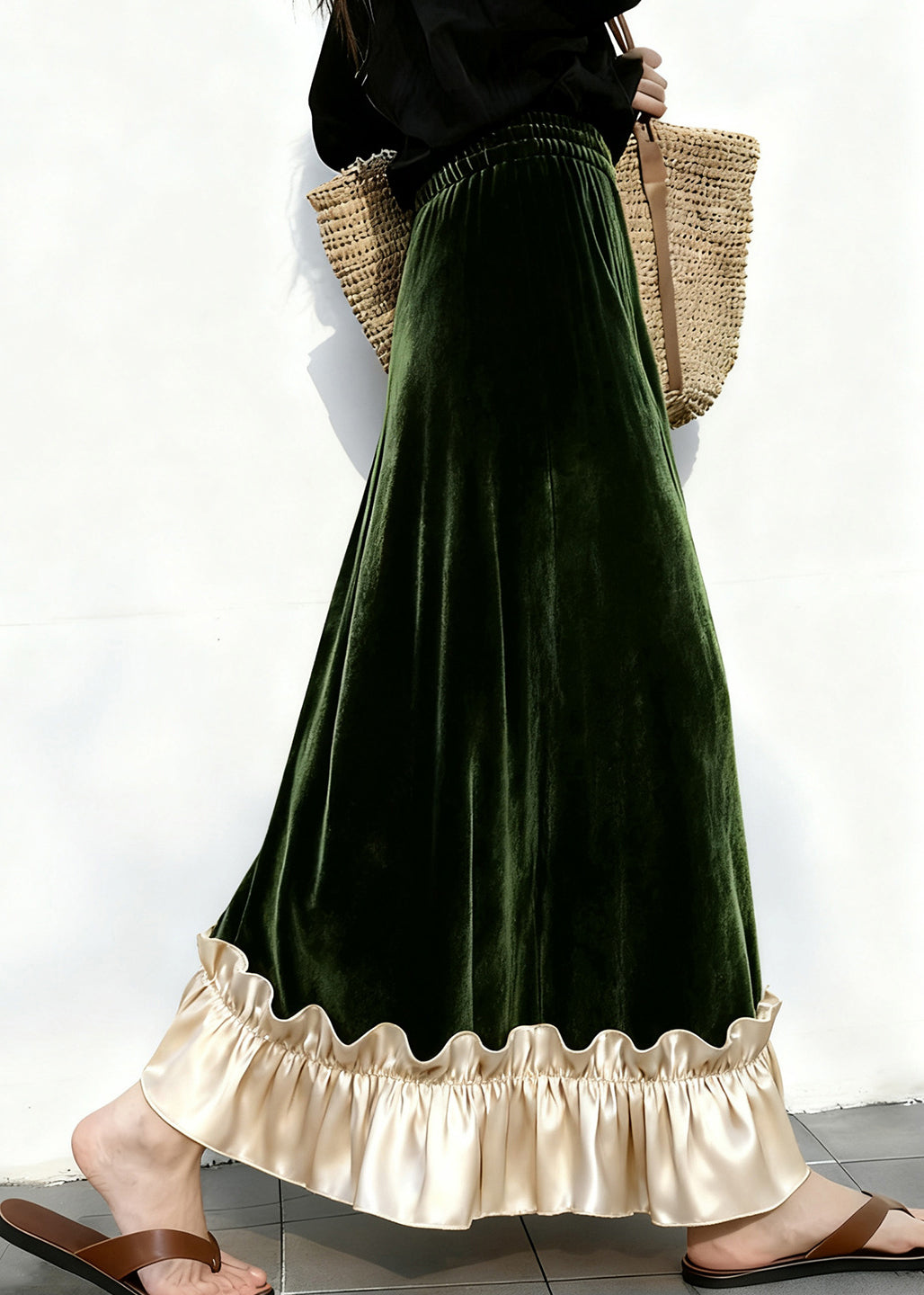 Elegant Black Ruffled Elastic Waist Patchwork Velour Skirt Winter