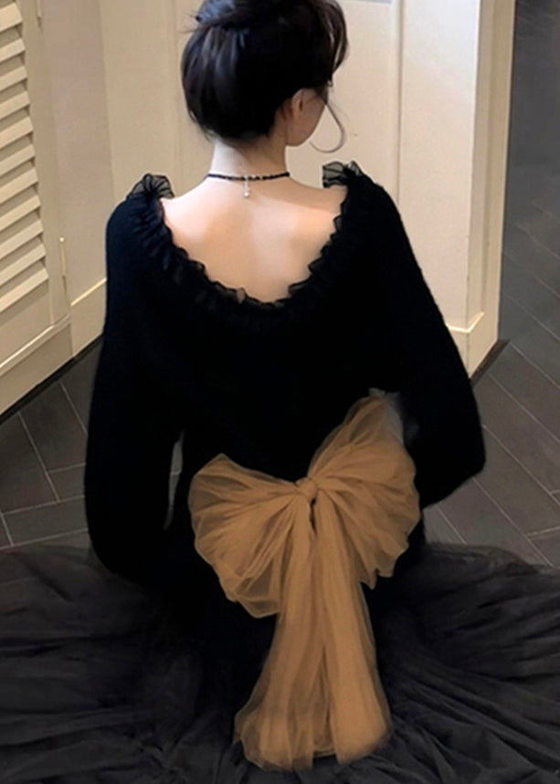 Elegant Black Ruffled Patchwork Bow Knit Sweater Tops Winter