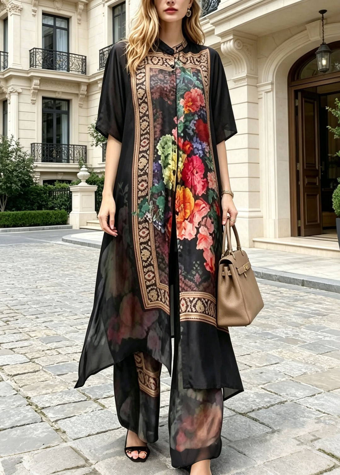 Elegant Black Stand Collar Print Silk Two Pieces Set Summer