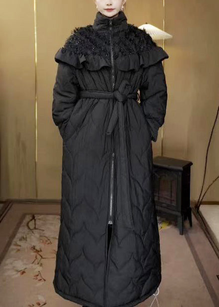 Elegant Black Stand Collar Ruffled Fine Cotton Filled Parka Winter