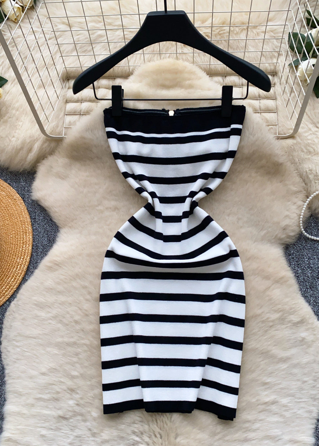 Elegant Black Strapless Striped Knit Zippered Dresses Summer